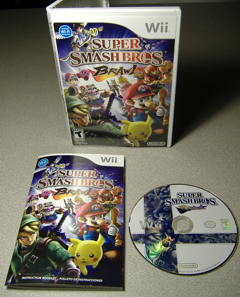 Super Smash Bros. Brawl case, disc, and manual